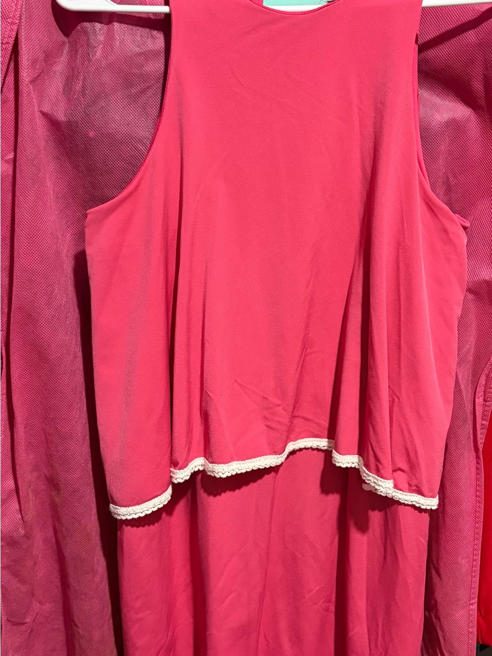 Sleeveless Hot Pink Layered Mini Dress with Crochet Trim
